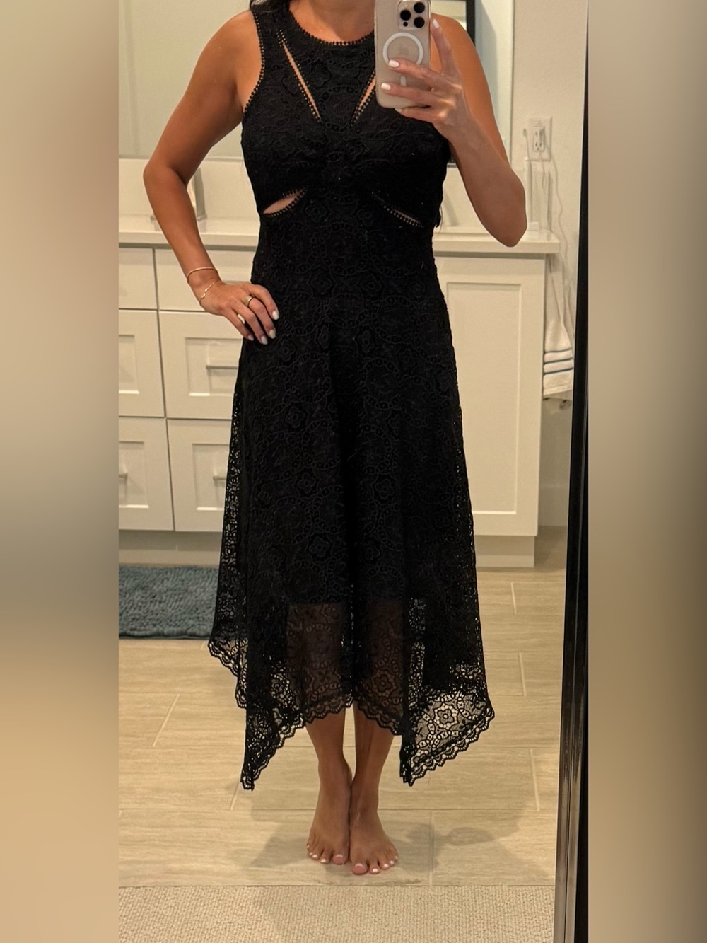 Anthropologie Black Lace Asymmetric Handkerchief Hem Midi Dress